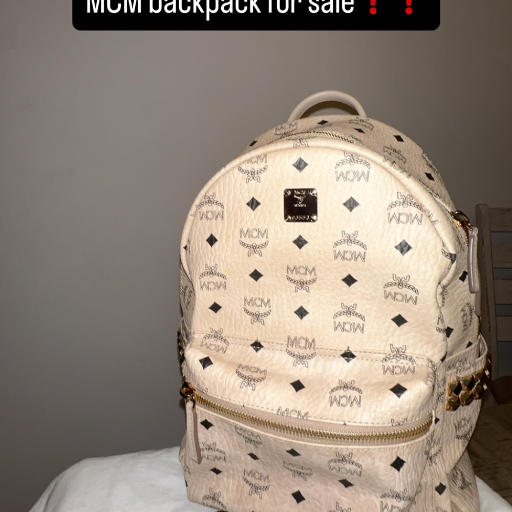 MCM Beige Backpack with Black and Gold Accents